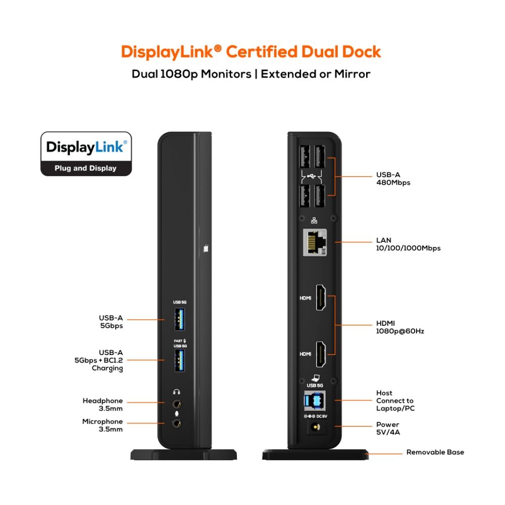 mbeat USB-C/A Dual HDMI DisplayLink Docking Station Mac/Windows