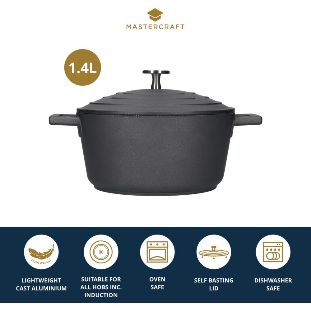 MasterCraft Cast Aluminium Casserole Dish Kitchen Cooking Pot 1.4L Black 16cm