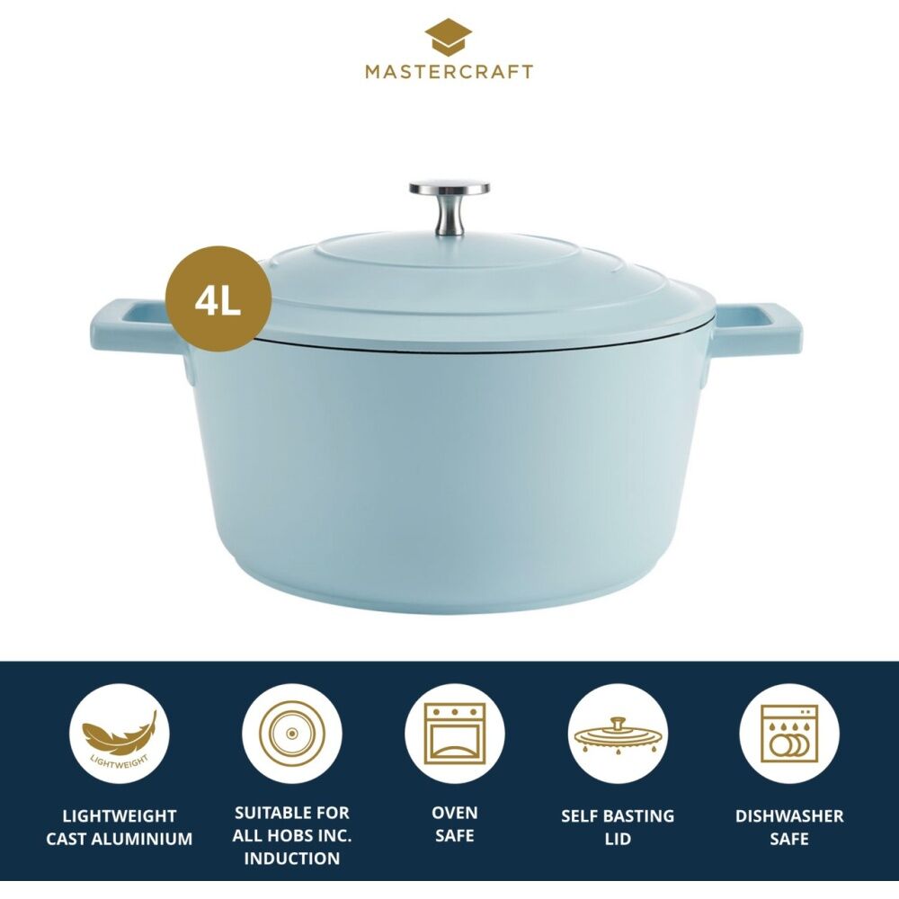MasterCraft Cast Aluminium Casserole Dish Kitchen Cooking Pot 4L Sky Blue 24cm