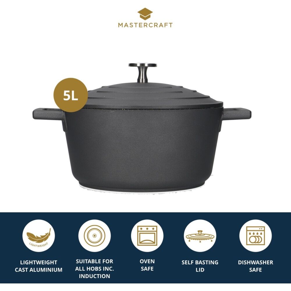 MasterCraft 5L Large Cast Aluminium Casserole Dish Kitchen Pot Black 28cm