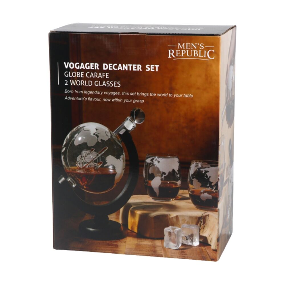 3pc Men's Republic Globe Whiskey Decanter With Matching Glasses Set