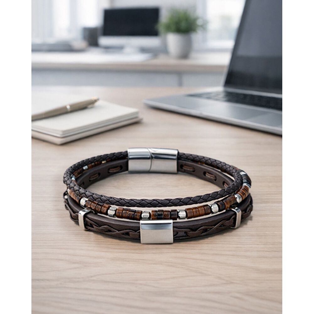 Men's Republic Multi Leather Bracelet With Stainless Steel Signature Gift