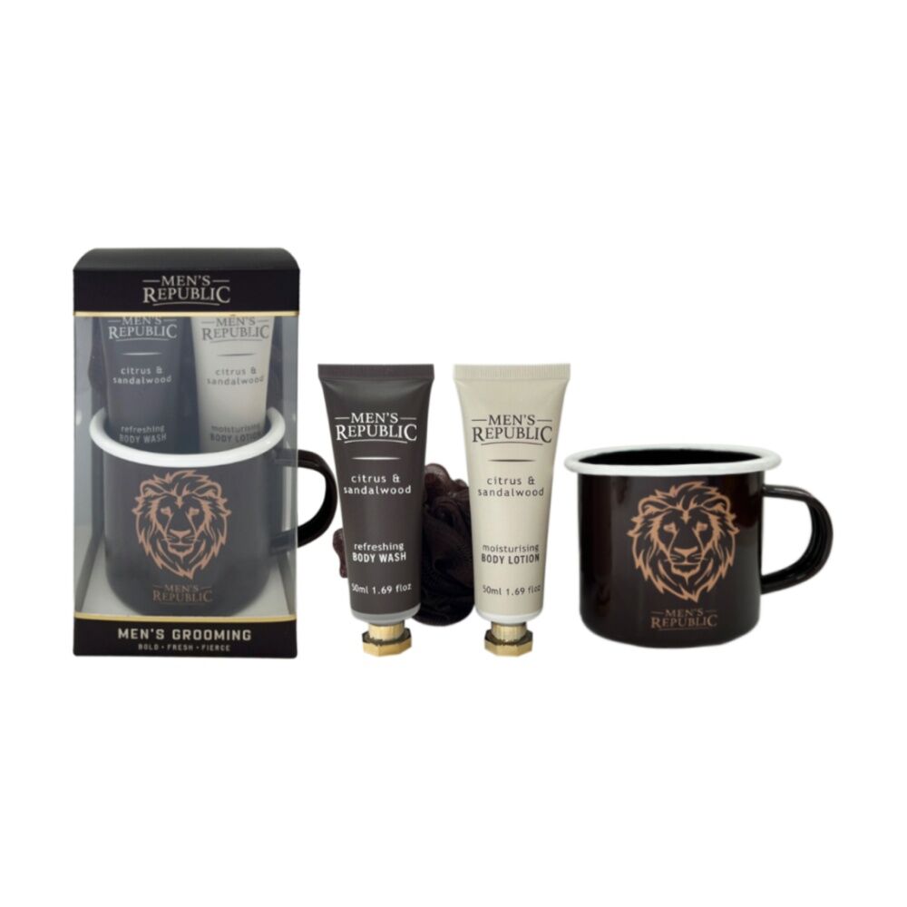 4pc Men's Republic Grooming Set With Mug Body Wash Lotion Shower Loofah