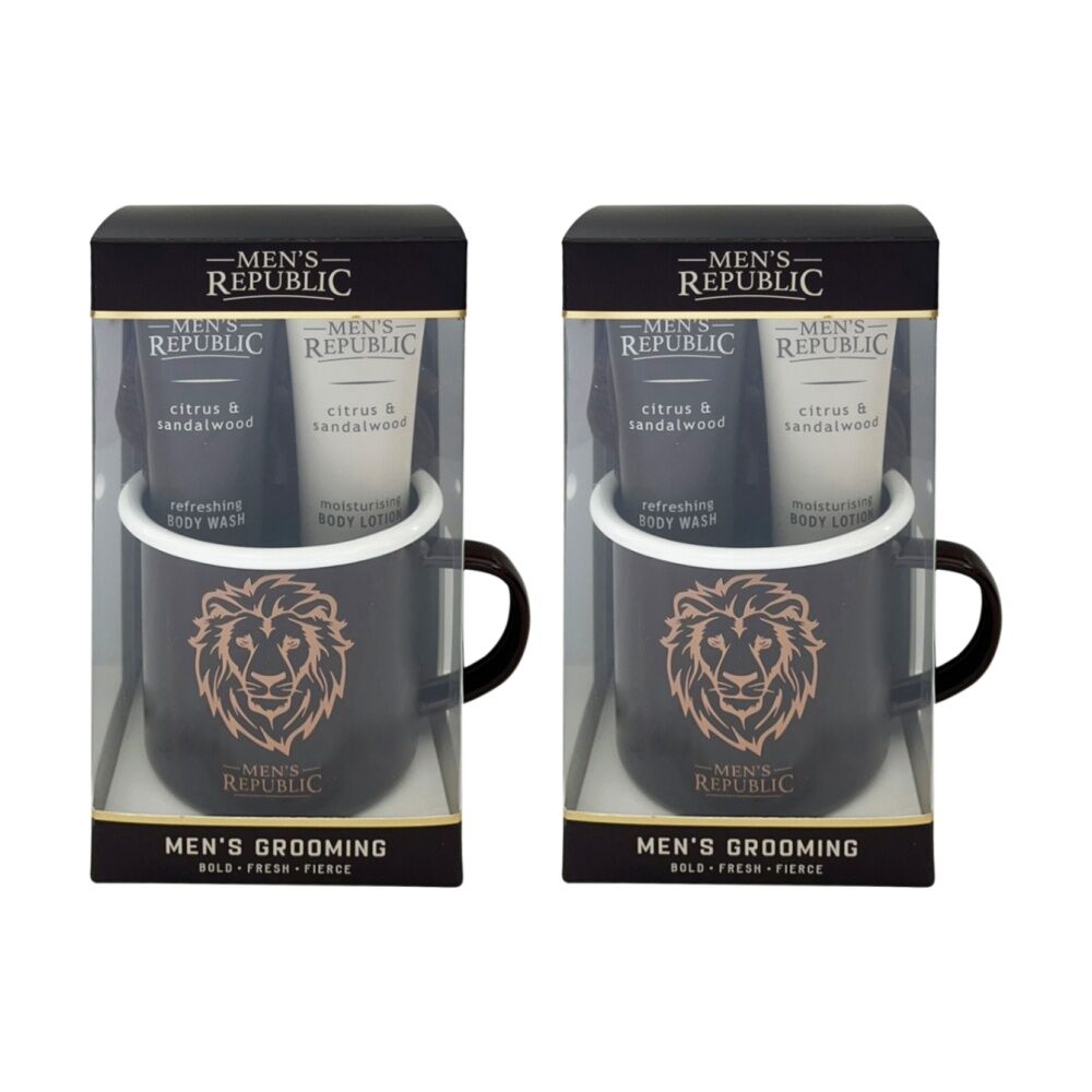 2x 4pc Men's Republic Grooming Set With Mug Body Wash Lotion Shower Loofah