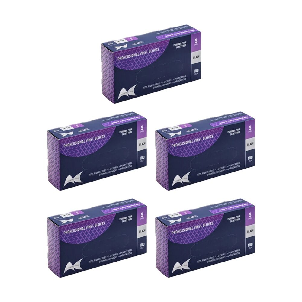 5x 100pc Artists Choice Vinyl Gloves Powder Free Latex Medical Black
