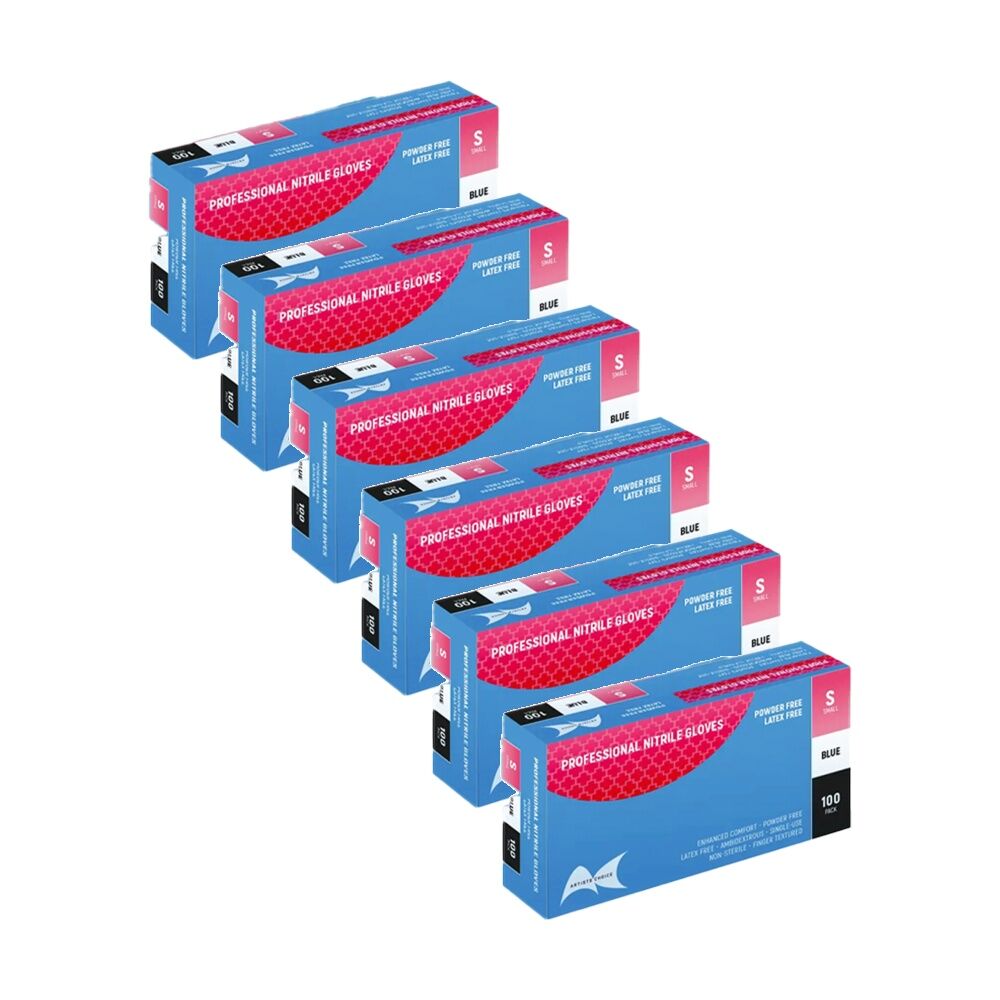 6x 100pc Artists Choice Nitrile Gloves Powder Latex Textured Blue