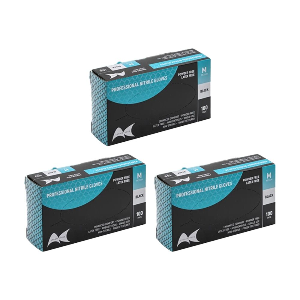 3x 100pc Artists Choice Nitrile Gloves Powder Latex Excluded Black Medium