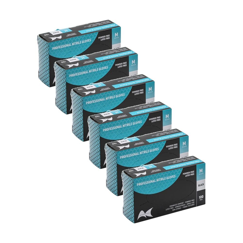6x 100pc Artists Choice Nitrile Gloves Powder Latex Excluded Black Medium