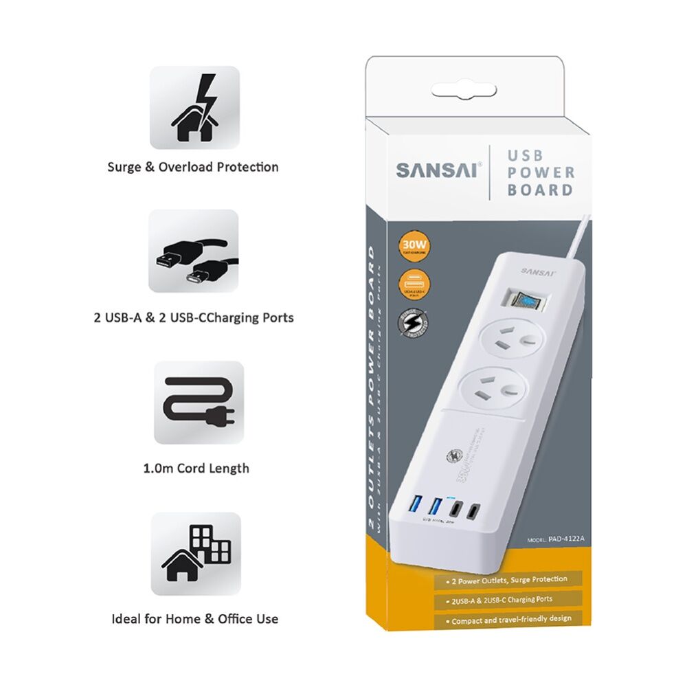 Sansai 2 Outlet Powerboard With USB-A And C Ports 30W USB Output 1m Cord