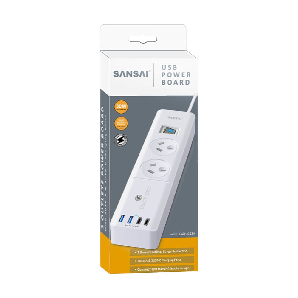 4PK Sansai 2 Outlet Powerboard With USB-A And C Ports 30W USB Output 1m Cord