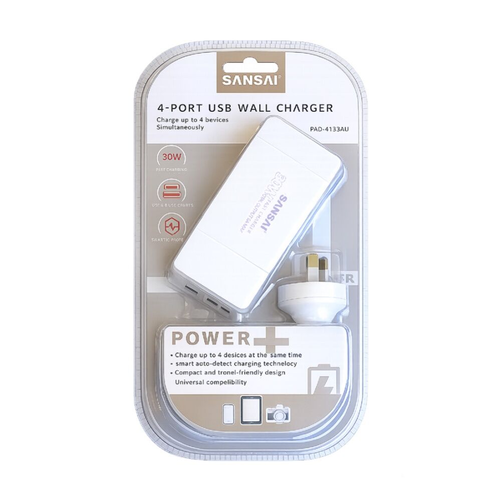 4PK Sansai 4-Port USB A & C Charging Station 30W Total Output 1.5m Side Insert