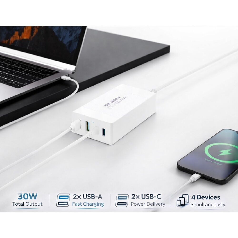 4PK Sansai 4-Port USB A & C Charging Station 30W Total Output 1.5m Side Insert