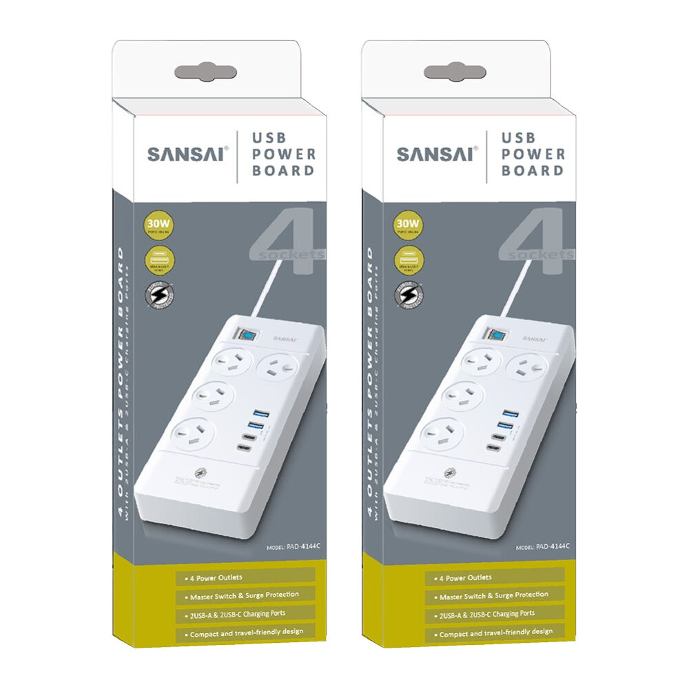 2PK Sansai 4 Outlet Powerboard With USB-A and C Ports 30W USB Output 1m Cord