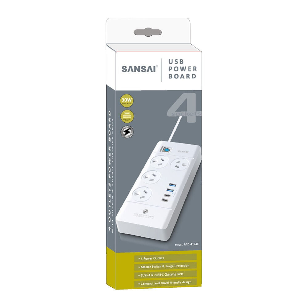 2PK Sansai 4 Outlet Powerboard With USB-A and C Ports 30W USB Output 1m Cord