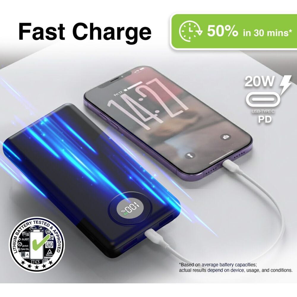 Laser 10000mAh Power Bank Charger With LED Battery Level Display Blk
