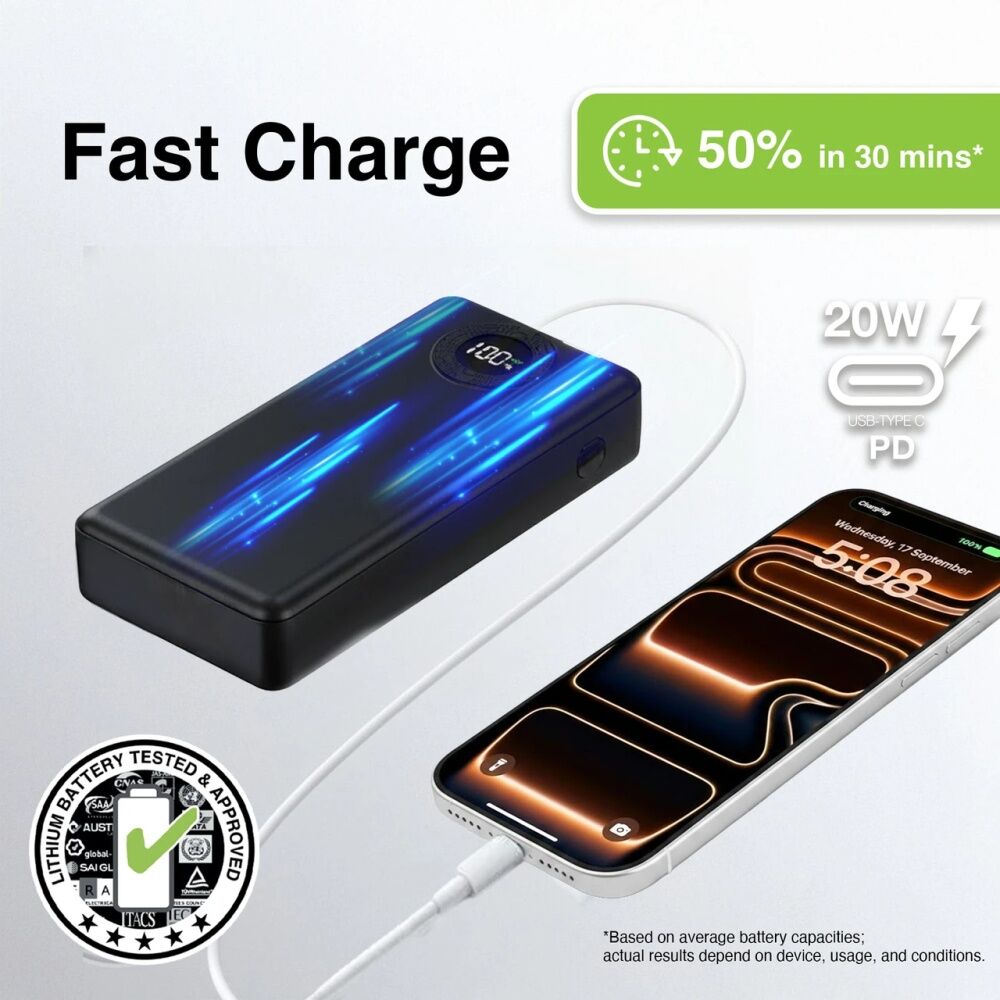 Laser 20000mAh Power Bank Charger With LED Battery Level Display Blk