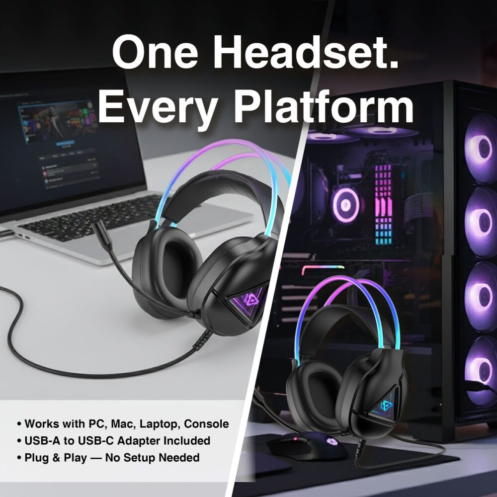Laser RGB Infinity USB-C Compatible Wired Gaming Over-Ear Headphones Black
