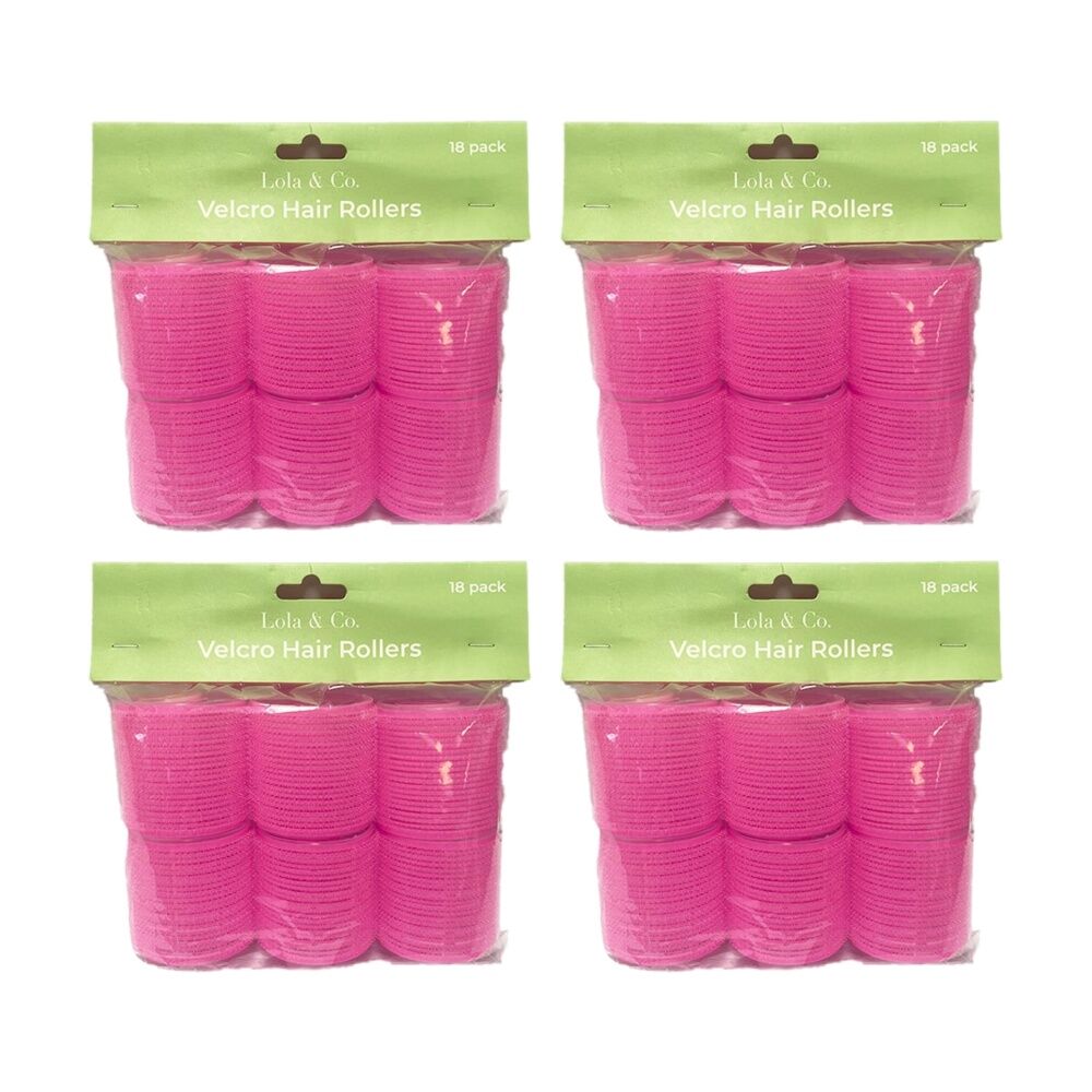 4x 18pc Lola & Co Hook & Loop Easy Attachment Hair Rollers Curlers Set Pink