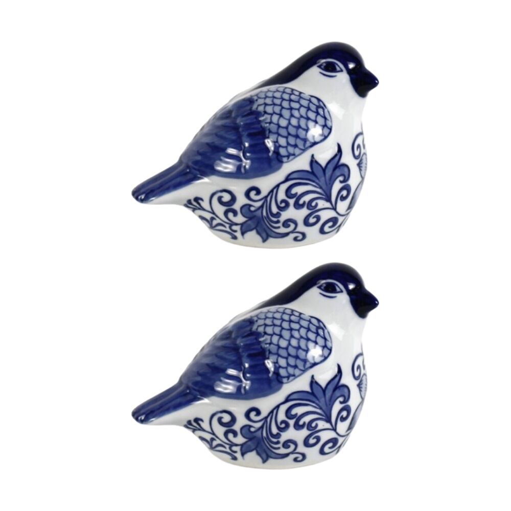 2PK Bronrob Ceramic Blue/White Floral Print Garden Songbird Farmhouse Decor 14cm