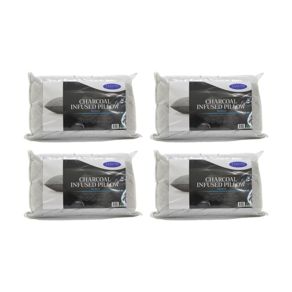 4PK Jason Charcoal Infused Medium Support Pillow W/ Satin Piped Edging Standard