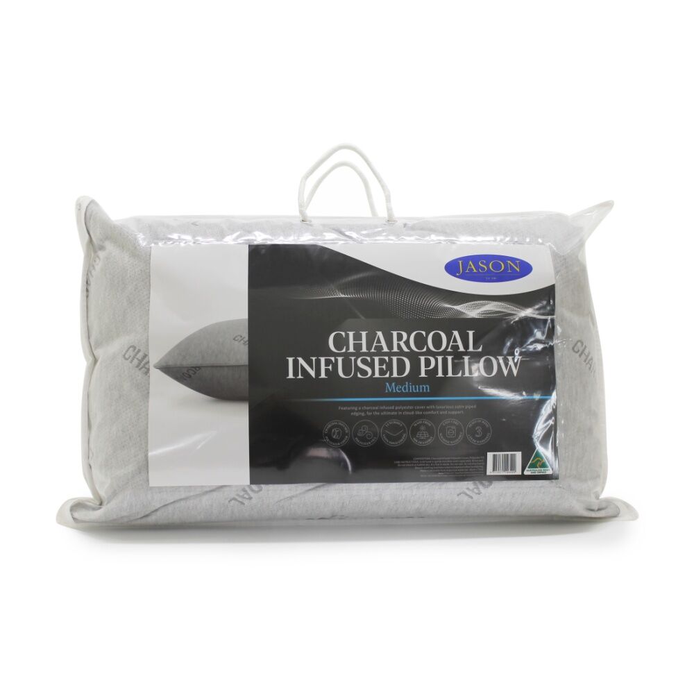4PK Jason Charcoal Infused Medium Support Pillow W/ Satin Piped Edging Standard