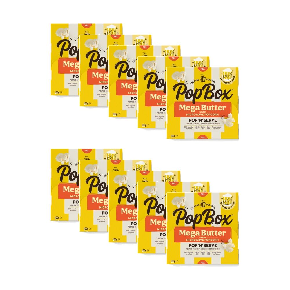 10PK Popbox Australian Made Microwave Popcorn Snack Mega Butter Flavoured 100g