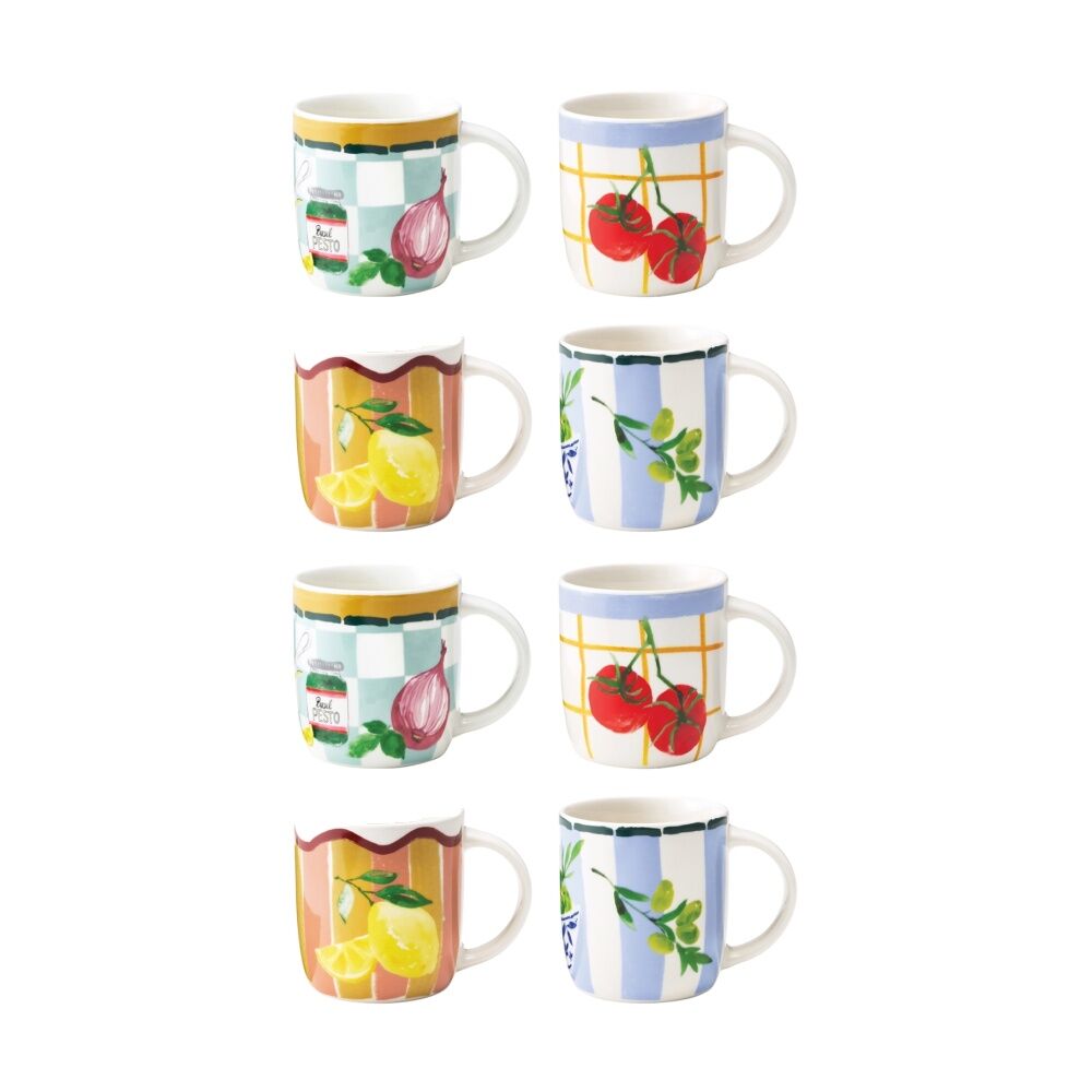 2x 4pc Porto Valentina Italian Inspired Illustration Mug Set Multicoloured