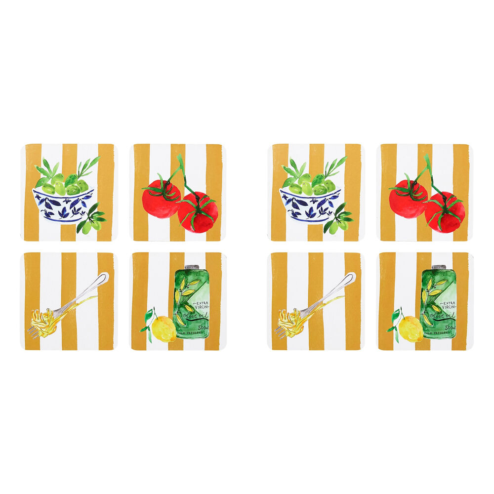 2x 4pc Porto Beige Stripe & Florence Food Rectangle Coasters 10cm