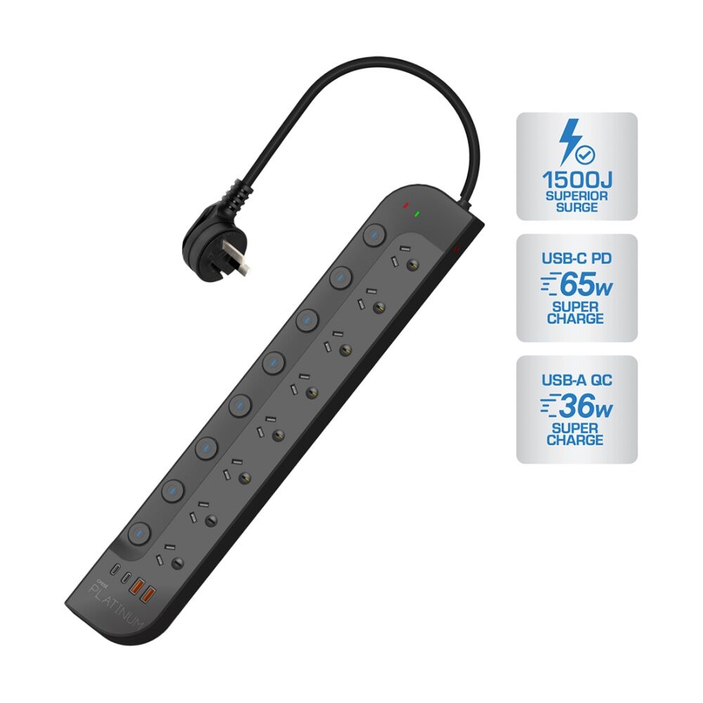 Crest Platinum 8 Socket Surge Protector AU/NZ Plug USB Power Board Blk 1.8m