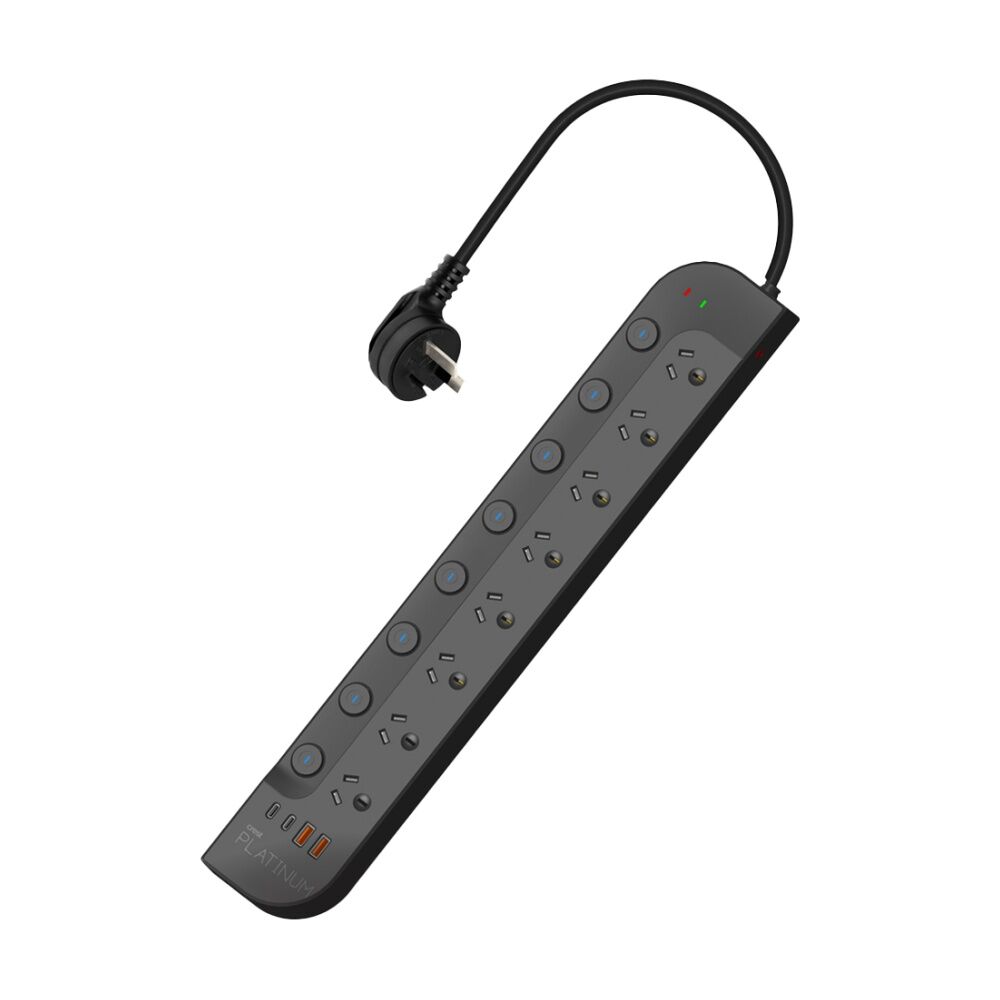 Crest Platinum 8 Socket Surge Protector AU/NZ Plug USB Power Board Blk 1.8m