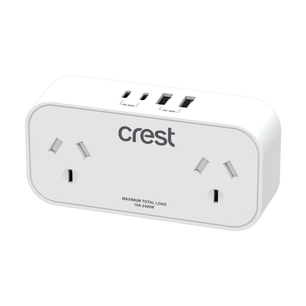 2PK Crest Double Power Adaptor 2 Socket Surge Protector AU/NZ Plug USB-C/A Wh
