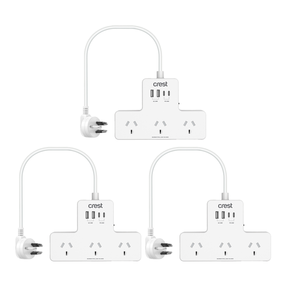 3PK Crest 3 Socket Power Hub Surge Protector AU/NZ Plug USB-C USB-A White 90cm