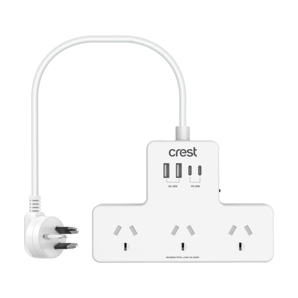 3PK Crest 3 Socket Power Hub Surge Protector AU/NZ Plug USB-C USB-A White 90cm