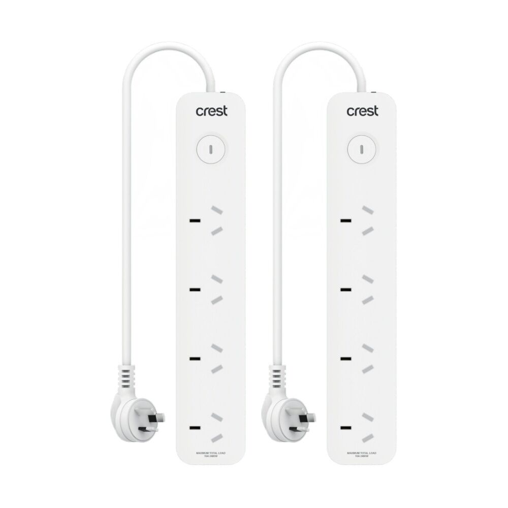2PK Crest 4 Socket Switch Surge Protector AU/NZ Plug Power Board White 90cm