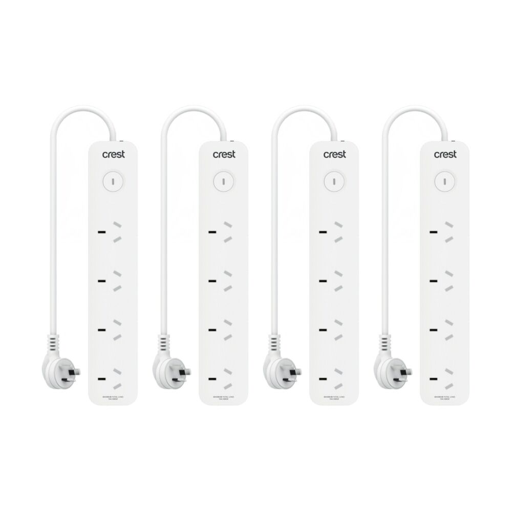 4PK Crest 4 Socket Switch Surge Protector AU/NZ Plug Power Board White 90cm