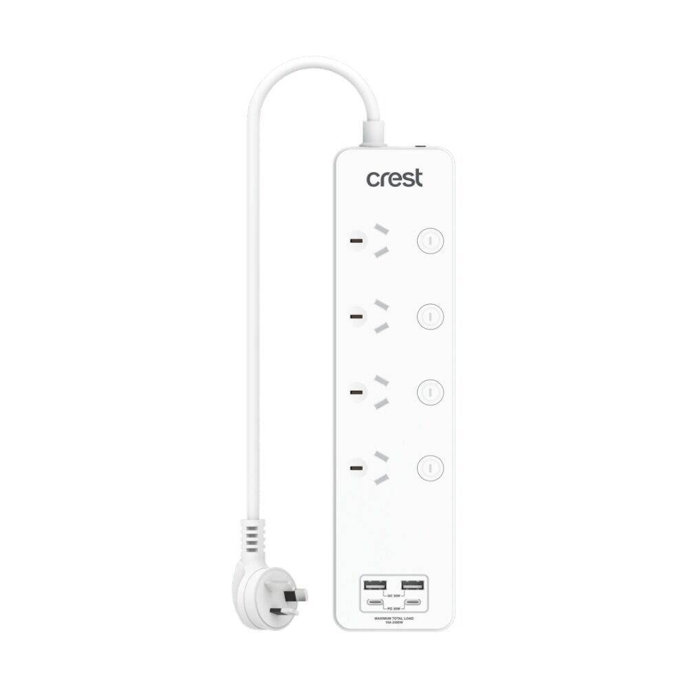 2PK Crest 4-Socket Switch Surge Protector AU/NZ Plug Power Board USB Ports Wh 1m