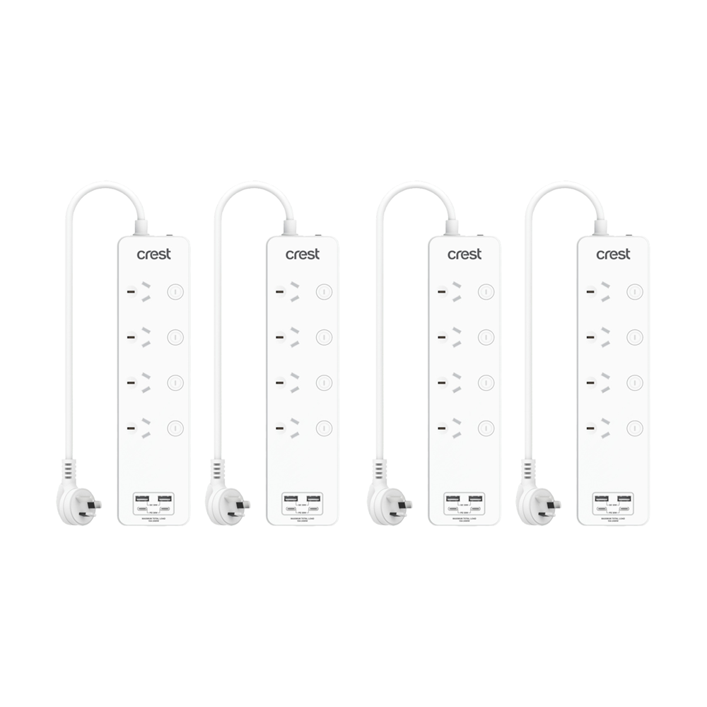 4PK Crest 4-Socket Switch Surge Protector AU/NZ Plug Power Board USB Ports Wh 1m