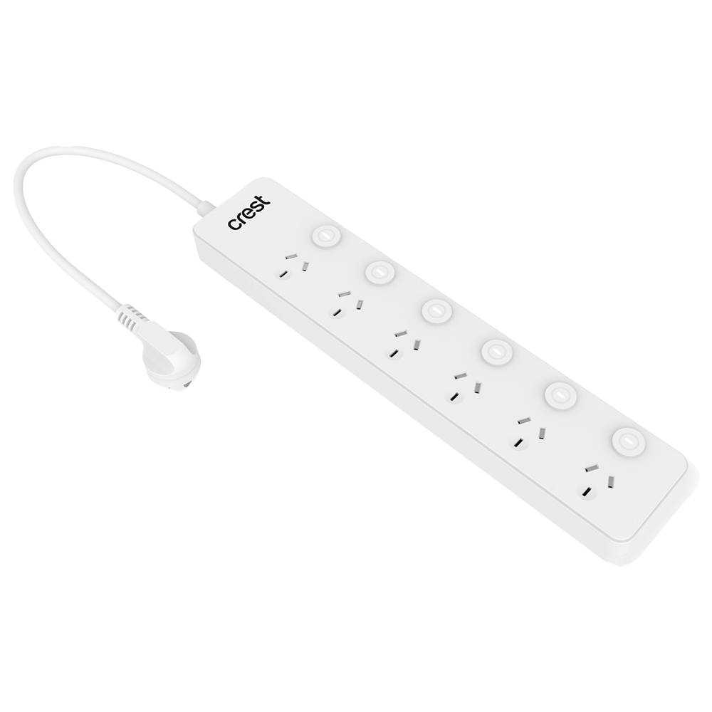 2PK Crest 6 Socket Switched Surge Protection Power Board AU/NZ Plug White 1m