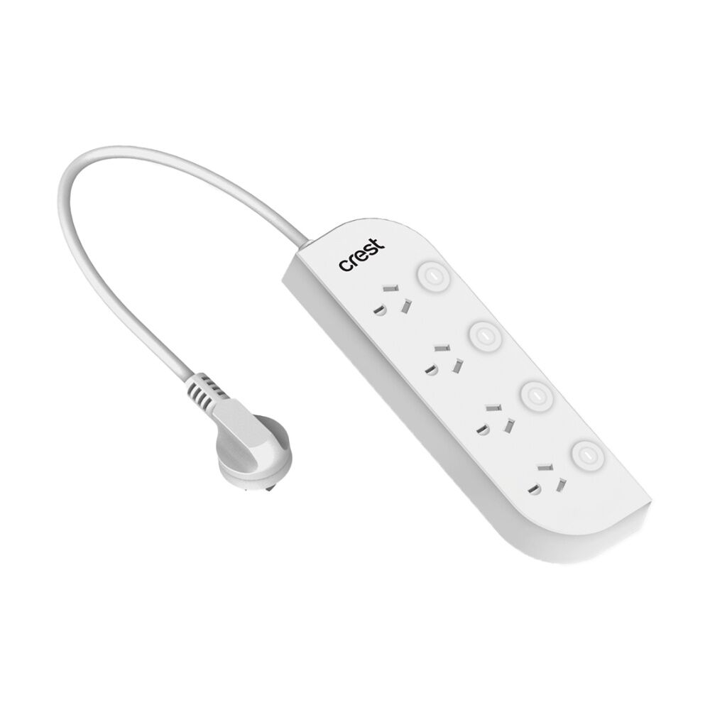 2PK Crest 4 Socket Switched Wall Mountable Power Board AU/NZ Plug White 1m