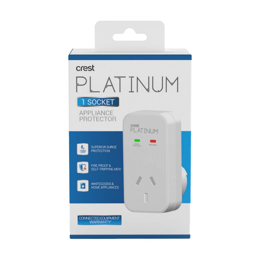 Crest Platinum 1 Socket Surge Protector AU/NZ Plug W/ Child Protection White