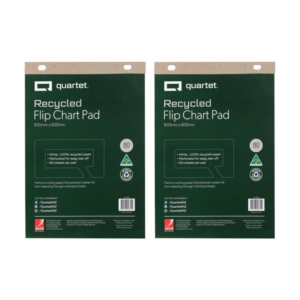 2x Quartet Flipchart Pad 50 Sheets Recycled Paper 600x850mm White