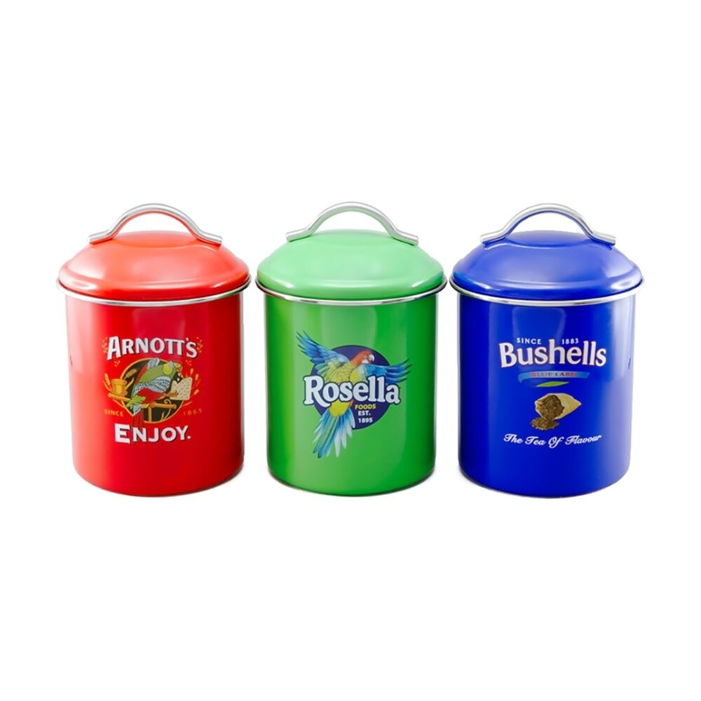 3pc Rojo Arnott's Bushells Rosella Metal Canisters Set Red/Blue/Green