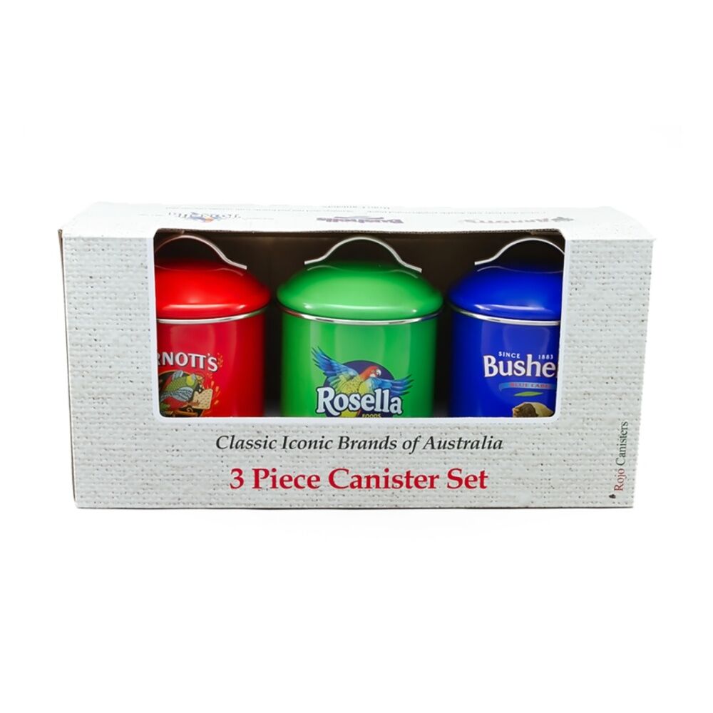3pc Rojo Arnott's Bushells Rosella Metal Canisters Set Red/Blue/Green