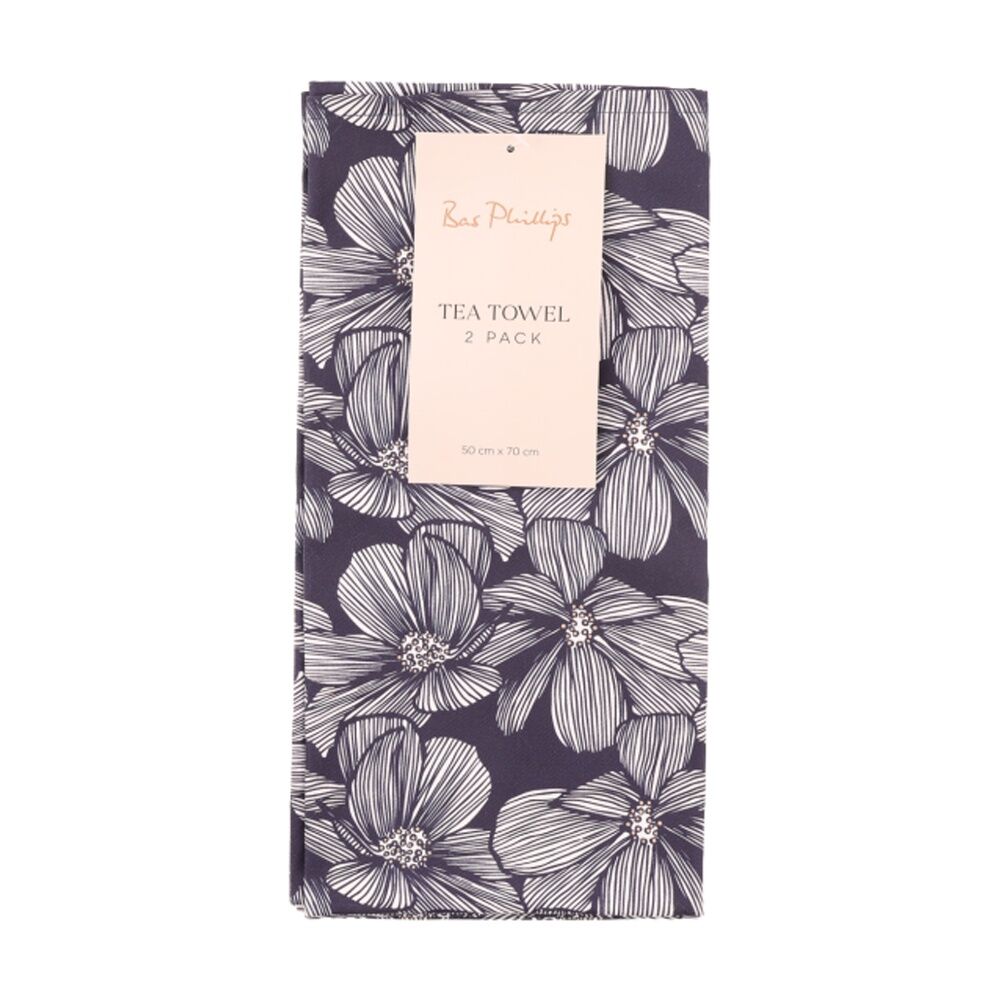 2x 2pc Bas Phillips Printed Linen Looks Tea Towel Set Cotton Blue Flowers