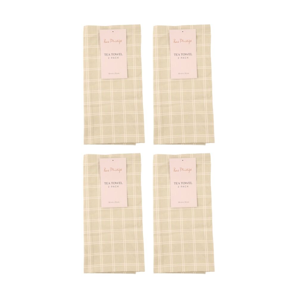 4x 2pc Bas Phillips Printed Linen Looks Tea Towel Set Cotton Green Check
