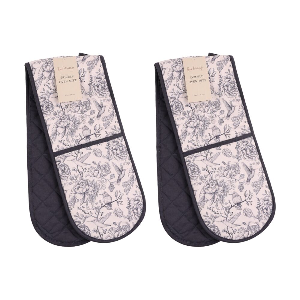 2PK Bas Phillips Printed Linen Looks Double Oven Mitt Blue Birds 90cm