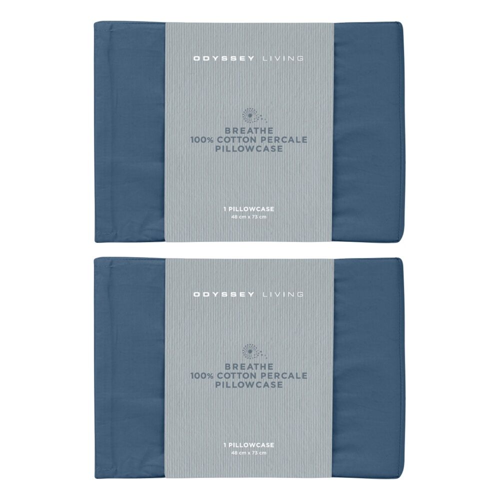 2x Odyssey Living Breathe Cotton Standard Pillowcase 48cm x 73cm Marine Blue
