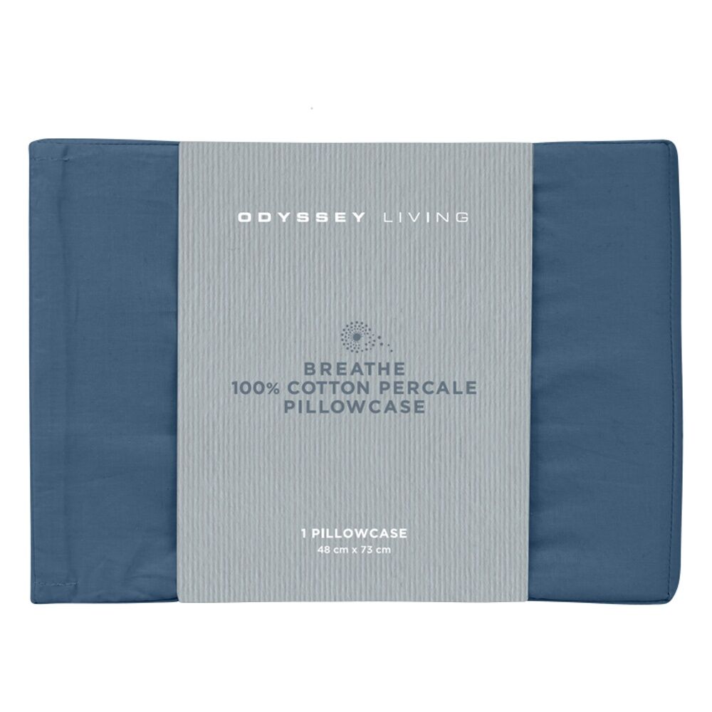 2x Odyssey Living Breathe Cotton Standard Pillowcase 48cm x 73cm Marine Blue