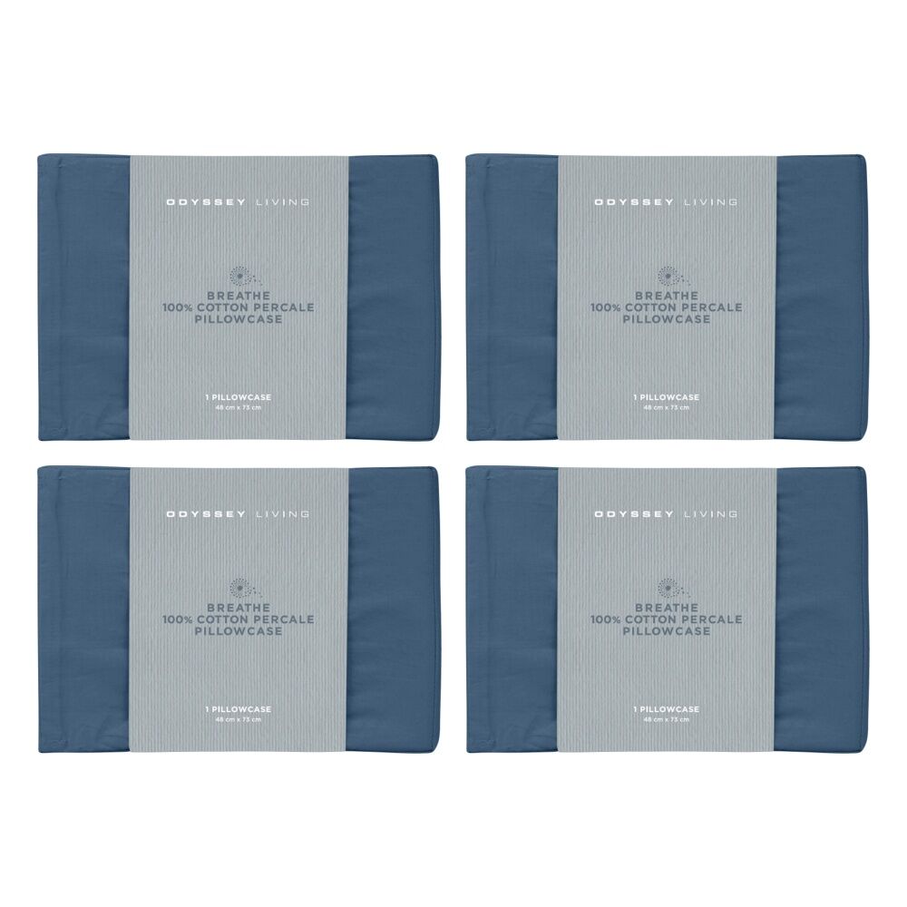 4x Odyssey Living Breathe Cotton Standard Pillowcase 48cm x 73cm Marine Blue