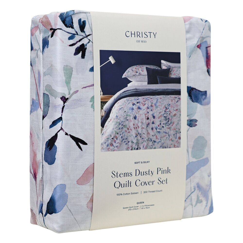 Christy Stems Dusty Pink Duvet/Quilt Cover Set Cotton Sateen Multicoloured